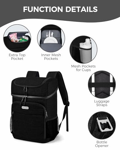 BAGLHER Lightweight Insulated Cooler Backpack - 30 Cans, Leak-Proof for Lunch, Picnic, Hiking, Camping Trips - color: black-titan