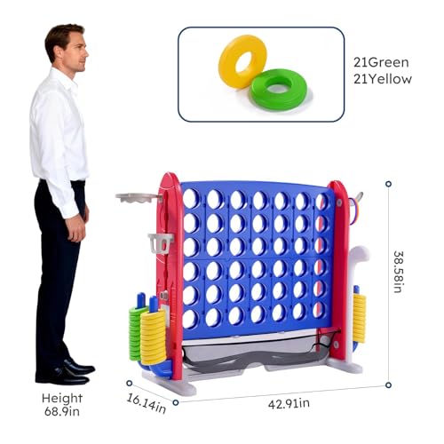Jumbo 4 in a Row Game, Height Adjustable(2.7-3.2 ft) Outdoor Indoor Connect 4 w/Quick Release, Giant Connect Four with Basketball Hoop, Ring Toss & Net, Backyard Party Game for Adults Kids