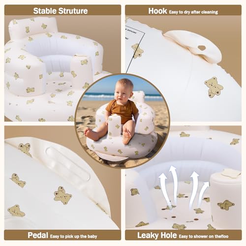 AirSwim Inflatable Baby Seat, Inflatable Baby Chair for Babies 3 Months and Up Summer Baby Inflatable Seat for Sitting Up, Blow Up Baby Floor Seat with Built in Air Pump, Bear - color: Bear