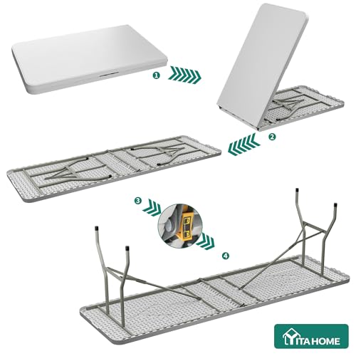 YITAHOME 8FT Folding Tables, Heavy Duty Folding Table with Carrying Handle, Plastic Fold up Table for Outdoor Camping Picnic Parties/Indoor Events, White - color: White