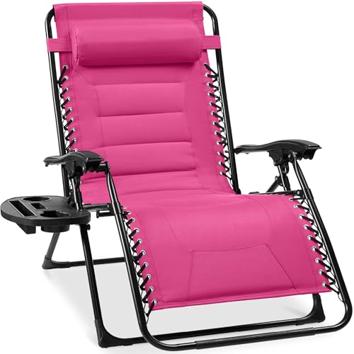 Best Choice Products Oversized Padded Zero Gravity Chair, Folding Outdoor Patio Recliner, XL Anti Gravity Lounger for Backyard w/Headrest, Cup Holder, Side Tray, Polyester Mesh - Hot Pink - color: Hot Pink