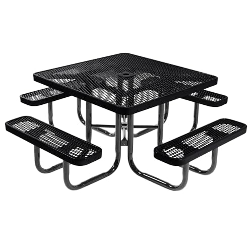 COATEDOUTDOORFURNITURE Heavy-Duty Portable Outdoor Picnic Table with Umbrella Hole, Expanded Metal Commercial-Grade Patio Dining Furniture Made in America (46" Square Top, Black) - color: Black, Expanded Metal, size: 46 In, Square, Expanded Steel