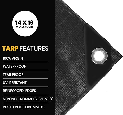Extra Heavy Duty 16 Mil Tarp Cover, Waterproof, UV Resistant, Rip and Tear Proof, Poly Tarpaulin with Reinforced Edges for Roof, Camping, Patio, Pool, Boat. (Black 6′ X 8′) - color: Black-16 Mil, size: 6′ X 8′