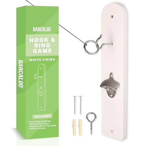 Barcaloo Hook and Ring Game with Bottle Opener and Magnetic Bottle Cap Catch - Adult Ring Toss Game for Both Indoor and Outdoor Use - color: White
