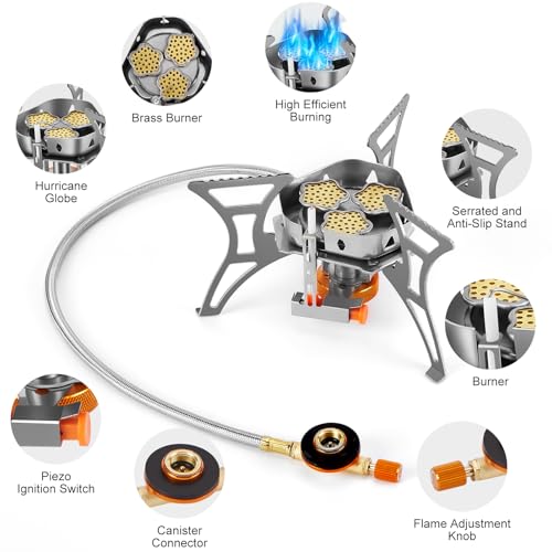 WADEO 6800W Windproof Camping Stove, Backpacking Stove with Piezo Ignition and Fuel Canister Adapters, Camping Gas Stove for Outdoor Backpacking Hiking and Picnic