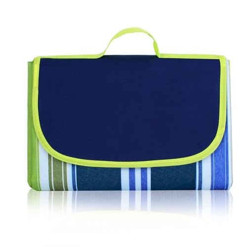 Hi Space Picnic Outdoor Blankets Waterproof Foldable Picnic Mat Sandproof Extra Large Beach Blankets for Grass Lawn Park Camping Family Concert, Dark Blue Striped, 80"x60" - color: Dark Blue-striped