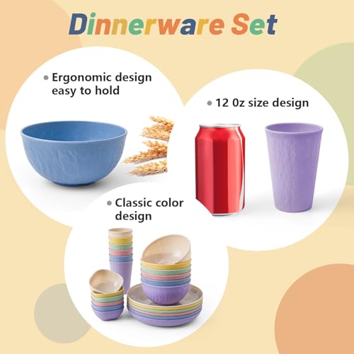 SHECIPIN 24-Piece Wheat Straw Dinnerware Set, Large Round Plates, Bowls and Cups, Unbreakable dish set, Dishwasher and Microwave Safe, Outdoor Camping Dishes - color: Colorful+ dipping sauce cups