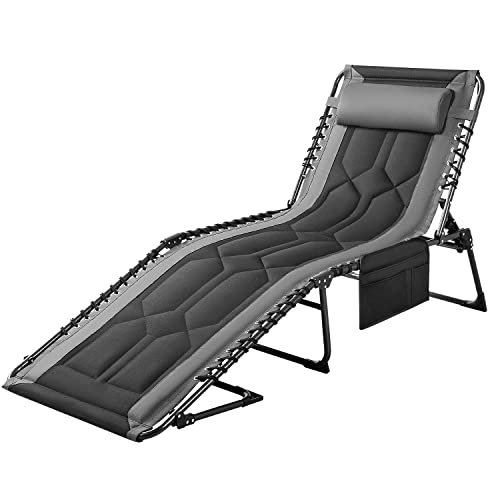 Flamaker Folding Chaise Lounge Outdoor Portable Lounge Chairs 4-Position Adjustable Camping Lounge Chair with Pillow & Side Bag Lightweight Recliner Sunbathing Chair for Pool Beach Deck (Grey) - color: Grey