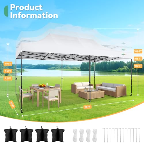 COBIZI 10x20 Heavy Duty Pop Up Canopy Tent with 6 Sidewalls Thicken Frame, Commercial Easy Up Outdoor Wedding Party Tents, All Season Waterproof Windproof with Stakes Sandbags Ropes Roller Bag, White - color: White, size: 10x20