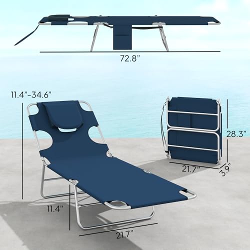 Outsunny Chaise Lounge Chair Outdoor Set of 2 with Face Arm Hole, 5-Position Reclining Face Down Tanning Chair with Carry Strap, Side Pocket, Portable Folding Bed Cot for Patio Beach Pool, Dark Blue - color: Dark Blue, size: 2 Pieces
