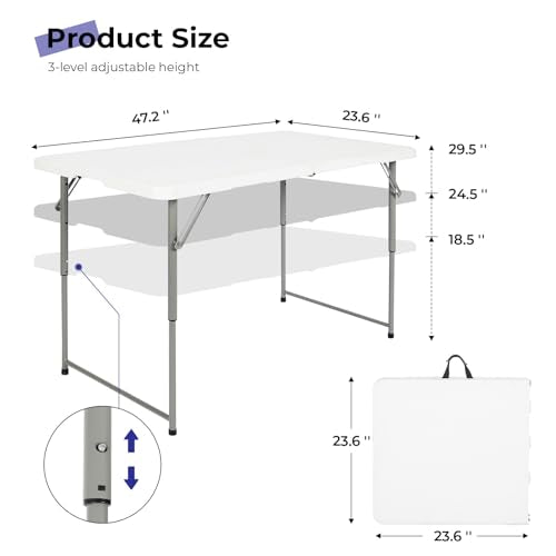 Byliable Folding Table 4 Foot Portable Heavy Duty Plastic Fold-in-Half Utility Table Small Indoor Outdoor Adjustable Height Folding with Carrying Handle, Camping and Party,White | Portable - color: White, size: 4FT