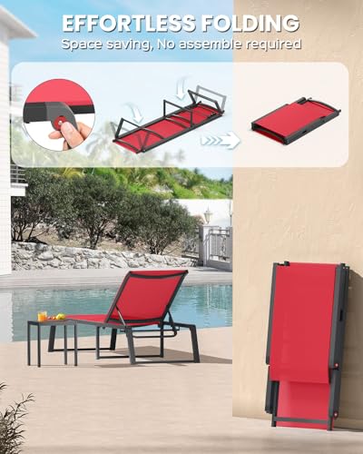 Aluminum Chaise Lounge Chair Outdoor, Foldable& No Assembly Patio Pool Lounge Chairs 5-Position Recliner for Outside, Fully Grounded Legs Sun Lounger for Poolside, Red - color: Red, size: 1