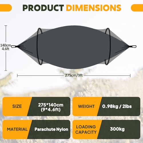 Chihee Ultra-Light Travel Camping Hammock Pop-up Net Hammock 660lbs Load Capacity,Breathable,Quick-Drying Parachute Nylon 2 Premium Carabiners,2 Tree Slings Included for Outdoor Backpacking Hiking - color: Dark Grey