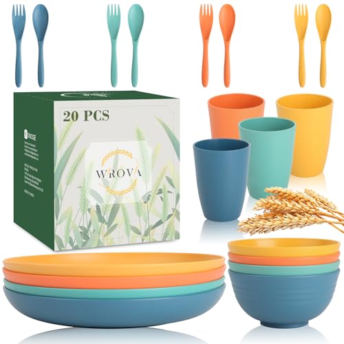 Wrova Wheat Straw Plates and Bowls Set with Flatware,20-piece Unbreakable Kids Plates and Bowls sets,Dishwasher Safe Wheat Straw Dinnerware Sets for Kitchen,Camping,Apartment and Dorm.Vibrant Series - color: Vibrant Series, size: 20 Pack