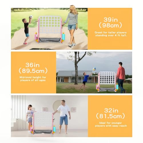 UNICOO Adjustable Height Giant 4-in-a-Row Game with Carry Bag, 4-in-1 Jumbo 4-to-Score Yard Game with Basketball Hoop, Ring Toss & Golf Set, Indoor Outdoor Family Party Game for Kids & Adults - color: Pink & White