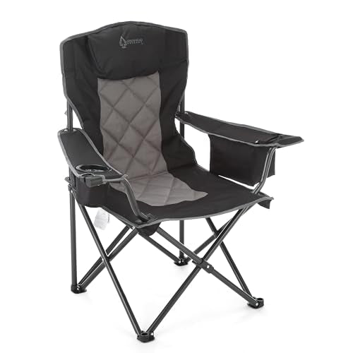 ARROWHEAD OUTDOOR Portable Deluxe Folding Camp Quad Chair w/Headrest, Glass & Cup Holders, Armest 6-can Cooler, Heavy Duty Carry Bag, 550 lbs Weight Capacity
