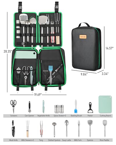 FANGSUN Camping Cooking Utensils, 16 PCS Portable Camping Kitchen Set with Grill Accessories, Camp Gifts for Men Dad, New Year‘s Presents for RV, Hiking, Picnic, Backpacking - color: Green-16Pcs