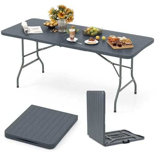 Goplus 6ft Plastic Folding Table, 350 LBS Indoor Outdoor Heavy Duty Portable Folding Tables with HDPE Tabletop, Handle, Lock, Foldable Rectangle Utility Card Table for Picnic, Party, Camping, Dining - color: Grey