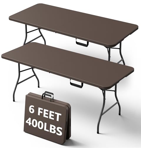 6FT Folding Table, Heavy Duty Plastic Fold-in-Half Utility Table with Handle, Portable Camping Picnic Table with Steel Legs for Indoor Outdoor Party, Dining, Brown,2 Pack - color: Brown, size: 6FT-2pack