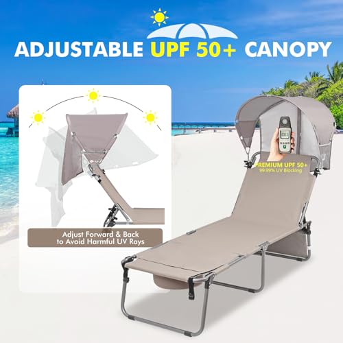 Wheel-To-Go Tanning Chair with Wheels Sun Canopy Umbrella Face Hole Thicker Washable Adjustable, Heavy Duty Folding Lay Flat Sun Lounge Chair Beach Outside Sunbathing Reading, UPF 50+ (Patent Design) - color: Beige, style: Standard Size + Sun Canopy Style