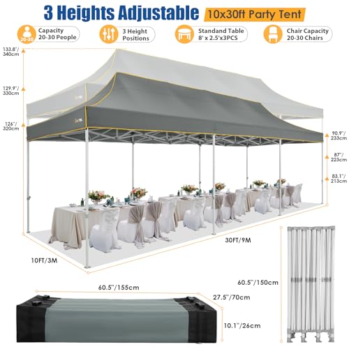 HOTEEL 10x30 Heavy Duty Pop up Canopy Tent with 8 Sidewalls, Easy Setup Outdoor Commercial Instant Tent for Parties Wedding Event, with Roller Bag & Sand Bags, Gray(Hexagonal Frame) - color: Dark Gray, size: 10x30ft (+8 Walls)