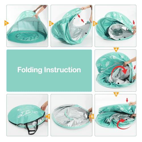 Baby Beach Tent, Pop Up Beach Tent Sun Shade for Beach, Portable Shade Pool UV Protection Sun Shelter for Infant with Beach Sand Toys Set - color: Patterned Mint Green