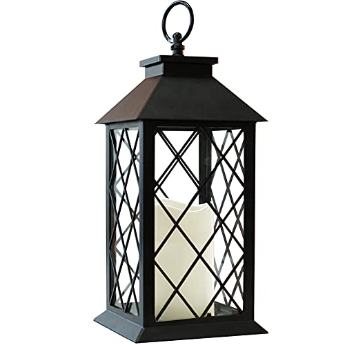 13.5" Black Vintage Candle Lantern with LED Pillar Candle and Timer - IP44 Waterproof Porch Light - Tabletop Lantern Decorative Outdoor - color: Textured Black Vintage Lantern - PP Metallic Coating, size: 13.5" Candle Lantern - Ip44 Waterproof