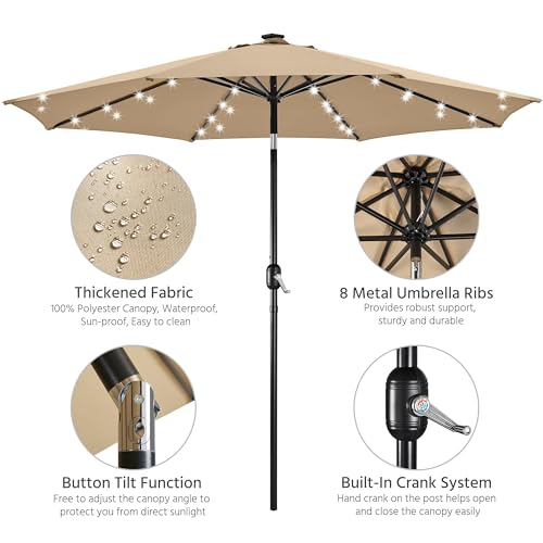 Yaheetech 10FT Solar Powered Patio Umbrella - UV Protection Market Table Umbrella w/ 32 LED Lights & Push Button Tilt & Crank Lift System for Garden/Lawn/Deck/Backyard/Pool,Tan - color: Tan, size: 10FT