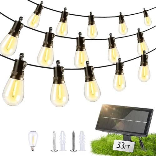 Solar Lights Outdoor Patio Lights: S14 10M 33FT Solar Powered 3 Light Modes Solar Waterproof Light - Shatterproof Bulbs - Camping Backyard Garden Deck Outside Yard - style: 33FT-Button