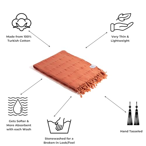 InfuseZen Stonewashed Turkish Bath & Beach Towel –100% Organic Turkish Cotton - Soft, Lightweight, Absorbent - Quick Dry, Sand Free - Swim, Pool, Shower, Travel - Peshtemal, Hammam Spa Towel - Orange - color: Orange
