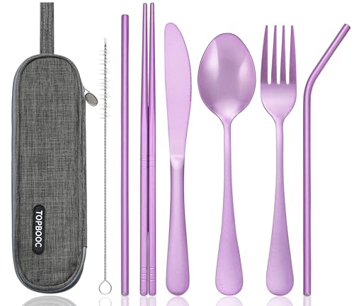 Portable Stainless Steel Flatware Set, Travel Camping Cutlery Set, Portable Utensil Travel Silverware Dinnerware Set with a Waterproof Case (Light Purple) - color: Light Purple