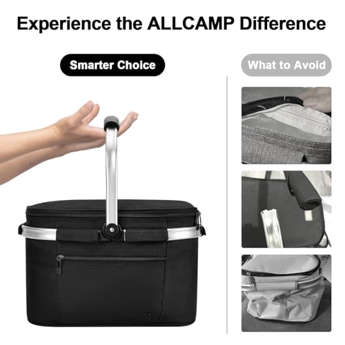 ALLCAMP Picnic Basket - Insulated Cooler, Thickening Foldable Picnic Basket with Removable Baskets & Sewn-in Frame, Basket for House Warming Gifts New Home(Jet Black) - color: Jet Black, size: Medium