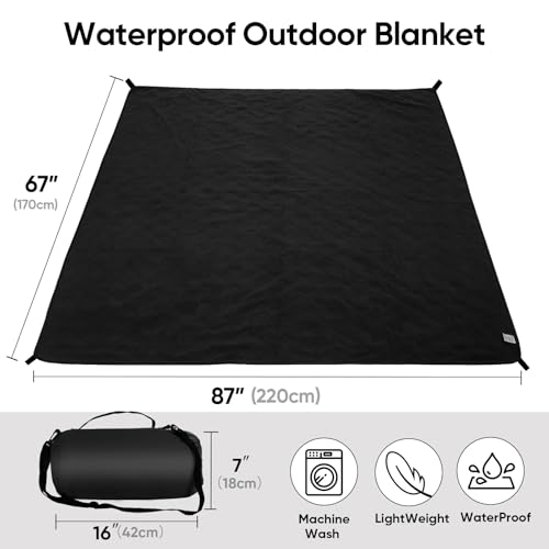 Waterproof Camping Blanket w/Fleece Lining, Large Stadium Blankets for Outdoor Cold Weather, Windproof Emergency Throw, LightWeight and Warm for Hiking, Dog, Picnic, Washable, 67”X 87” (Black, 1PCS) - color: Fleece Black-250 Gsm, size: 87"x 67"