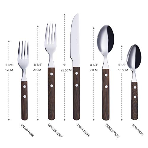 ANNOVA 20 Piece Silverware Set, Service for 4, Stainless Steel Retro/Rivet Walnut Wood Tableware Kitchen Flatware Set Utensils, Includes Dinner Knives, Forks, Spoons, Salad Forks & Dessert Spoons - color: Walnut/Wood 303, size: 20 Pieces