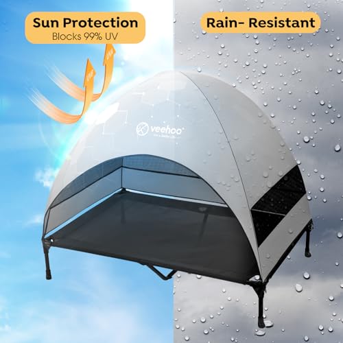 Veehoo Outdoor Dog Bed with Canopy, Cooling Elevated Pet Cot with Removable Shade, Non-Slip Feet, Raised Dog Cot for Large Dogs, Pet Tent Bed for Camping, Beach, XLarge, Black + Grey, CWC2411 - color: Black, size: 49.0"L x 33.0"W x 42.5"Th