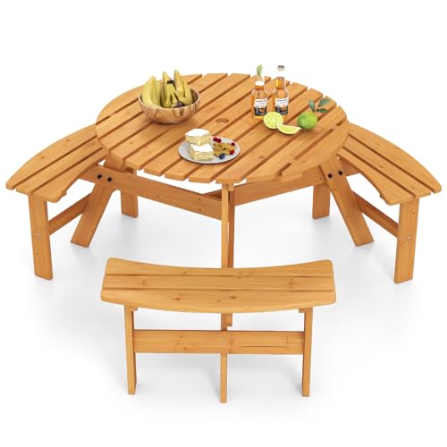 Giantex 6-Person Round Picnic Table Set with 3 Benches, 550 LBS Bench Capacity, 2" Umbrella Hole, Circular Outdoor Wood Dining Table & Chairs for Patio Yard Garden Porch Deck (68”x62”x28”,Yellow) - color: Yellow, size: 68”x62”x28”