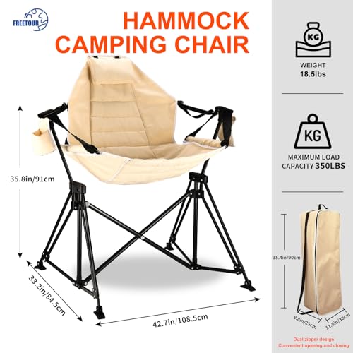 Hammock Camping Chair Folding 350lbs Foldable Portable Rocking Chairs for Adults Outside Swinging Camp with Stand Lawn Garden Hanging Outdoor - color: Beige