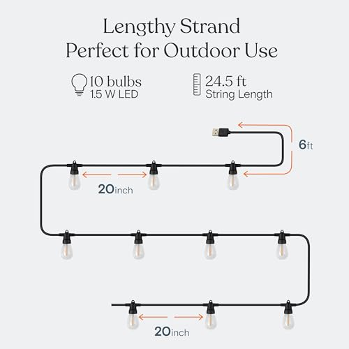 Brightech Ambience Pro USB Powered String Lights - 24 Ft Commercial Grade Waterproof String Lights, Outdoor Shatterproof Patio Lights for Camping, Christmas, Backyard, Porch - 1W LED Soft White Light - color: (3000K) Soft White
