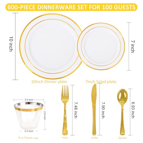 WELLIFE 600 PCS Gold & White Disposable Dinnerware Set for 100 Guests — White Plastic Plates with Gold Rim, Dinner & Salad Plates, Cups, Forks, Knives & Spoons for Weddings & Elegant Events - color: Gold, size: 100 Guests