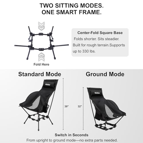 Wildhiker Compact High Back Camping Chair - Foldable with Dual Sitting Modes, Pillow, Arm Pads and Side Pockets - Lightweight Portable Chair for Motorcycle, RV, Festival, Travel - Black - color: Black