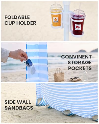Qipi Beach Cabanas for Sand, Beach Canopy with Sandbags & Side Wall for Family, Easy Set Up Sun Shelter, UPF 50+ UV Protection with Roof Vent - color: 8' x 8' Blue Stripes Dual-Fold