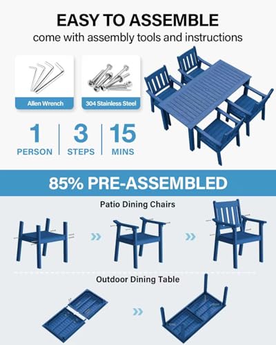 YEFU HIPS Patio Table Set: 5 Piece Outdoor Table and Chairs Dining Furniture Set with Umbrella Hole - Blue Modern Plastic Dining Sets 4 Person for Outside Deck with Metal Aluminum Frame - color: Blue, size: 5 Piece（Rectangular）