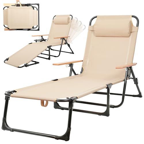 Outdoor Chaise Lounge Chair with 4-Position Adjustable Backrest, Patio Folding Sun Tanning Chair, Pillow & Cup Holder, Portable Recliner Sunbathing Lounger Chairs for Pool Beach Lawn Garden (Beige) - color: Beige