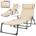 Outdoor Chaise Lounge Chair with 4-Position Adjustable Backrest, Patio Folding Sun Tanning Chair, Pillow & Cup Holder, Portable Recliner Sunbathing Lounger Chairs for Pool Beach Lawn Garden (Beige) - color: Beige