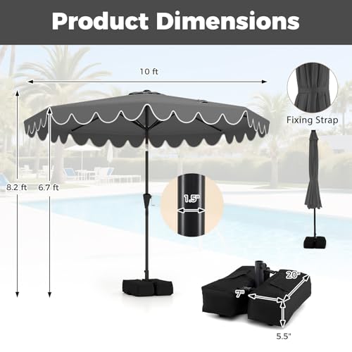 Tangkula 10 FT Patio Umbrella with Base Included, 2-Tiers Outdoor Scalloped Table Umbrella with 2 Sandbags, Tilt Adjustment, Crank, 8 Ribs for Market Backyard Pool Deck Beach Lawn - color: Gray, size: 10 FT