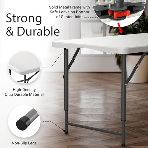 4 Feet Foldable Table Adjustable Height with Built in Handle, Steel Legs | 4FT Heavy Duty Portable | Perfect for Party Dining Wedding Events Picnic Indoor Outdoor Camping Utility Folding - 4 Foot - color: White, size: 4 FT
