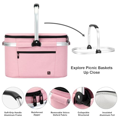 ALLCAMP Picnic Basket - Insulated Cooler, Thickening Foldable Picnic Basket with Removable Baskets & Sewn-in Frame, Basket for House Warming Gifts New Home(Pink) - color: Pink, size: Medium