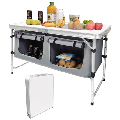 Camp Field Camping Folding Aluminum Table with Adjustable Legs for Outdoor Travel Beach, Backyards, BBQ, Party and Picnic Foldable Table - color: White