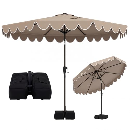 Tangkula 10 FT Patio Umbrella with Base Included, 2-Tiers Outdoor Scalloped Table Umbrella with 2 Sandbags, Tilt Adjustment, Crank, 8 Ribs for Market Backyard Pool Deck Beach Lawn - color: Tan, size: 10 FT