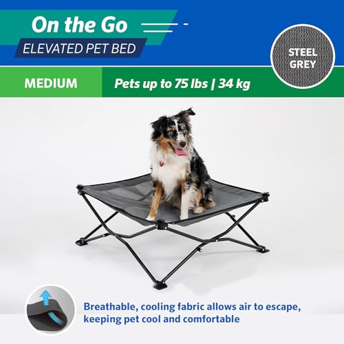 Coolaroo On-The-Go Elevated Dog Bed - Foldable Pop-Up Travel Dog Bed with Breathable, Moisture-Resistant Fabric, Carry Bag Included, Lightweight & Portable, Steel Gray, Medium - color: Steel Grey, style: Medium